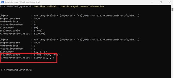 Identification de la version du firmware de disque avec PowerShell