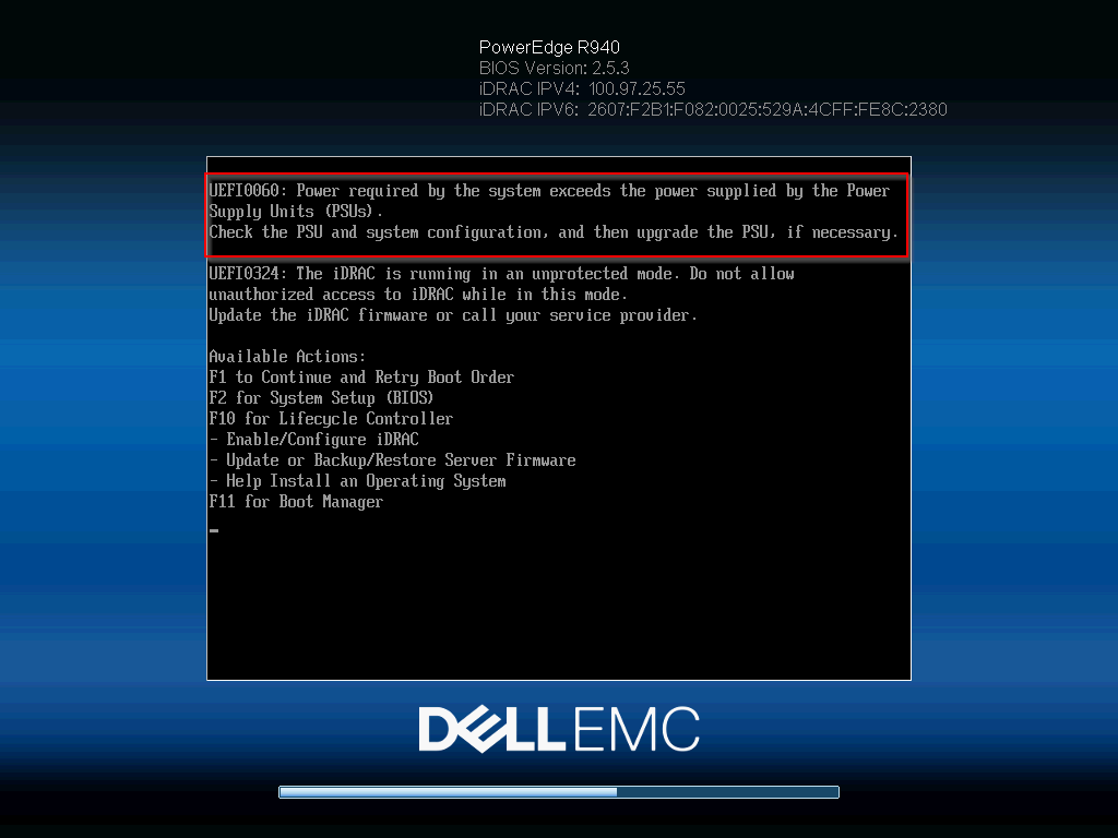 UEFI0060 Power required by the system exceeds the power supplied by the Power Supply Units (PSUs).