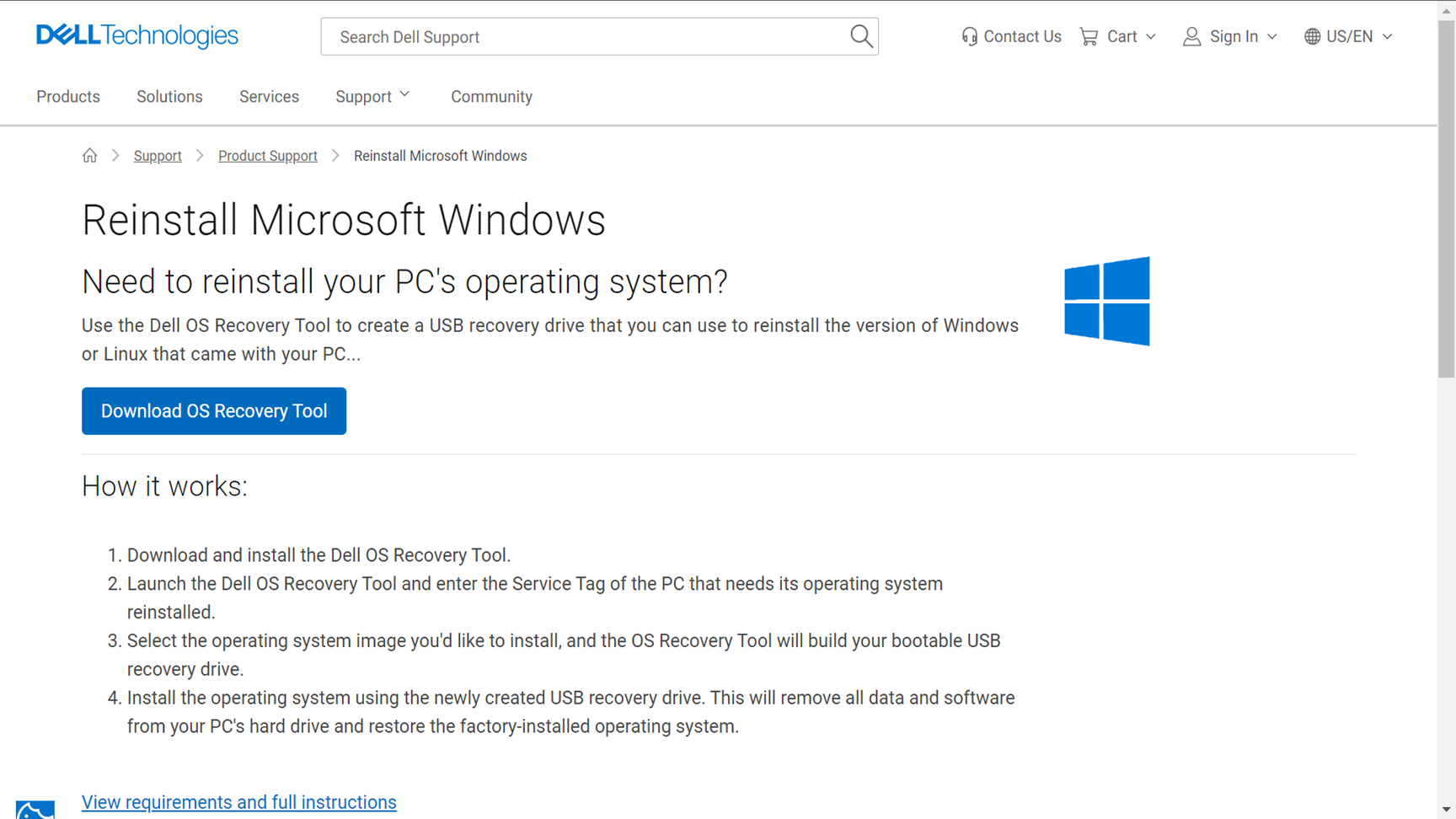 Page de téléchargement de l’outil Dell&nbsp;OS&nbsp;Recovery&nbsp;Tool