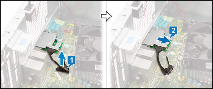 Pohled zezadu na počítač Dell Precision nebo OptiPlex, odpojený modul VGA