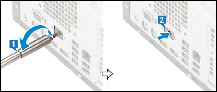 Rückansicht des Dell Precision oder OptiPlex, Metallhalterung entfernen