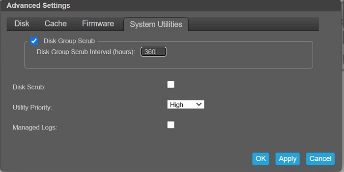 Image shows the Advanced Settings Option with System Utilities selected with disk scrub setting to 360