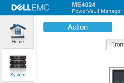 Bilden visar systemalternativet i PowerVault Manager längst upp till vänster
