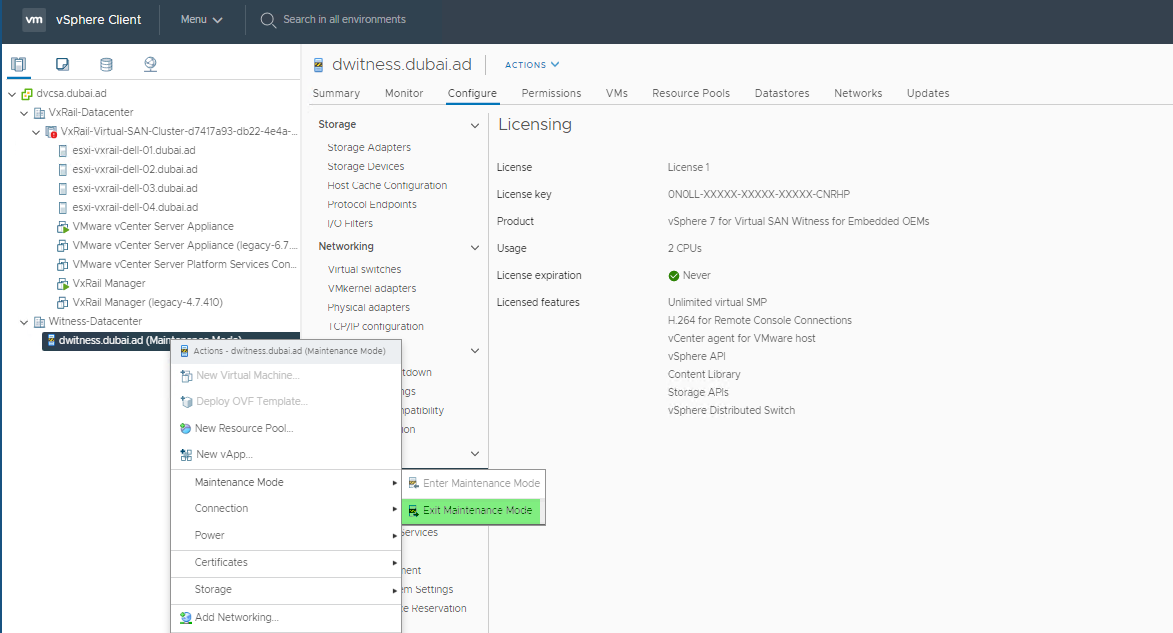 Exit the Virtual VSAN Witness host from maintenance mode