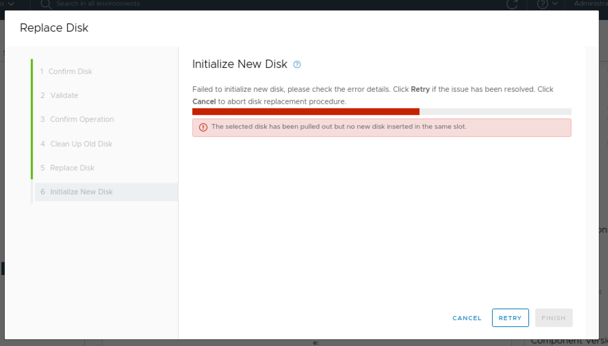 Screenshot of disk replacement error