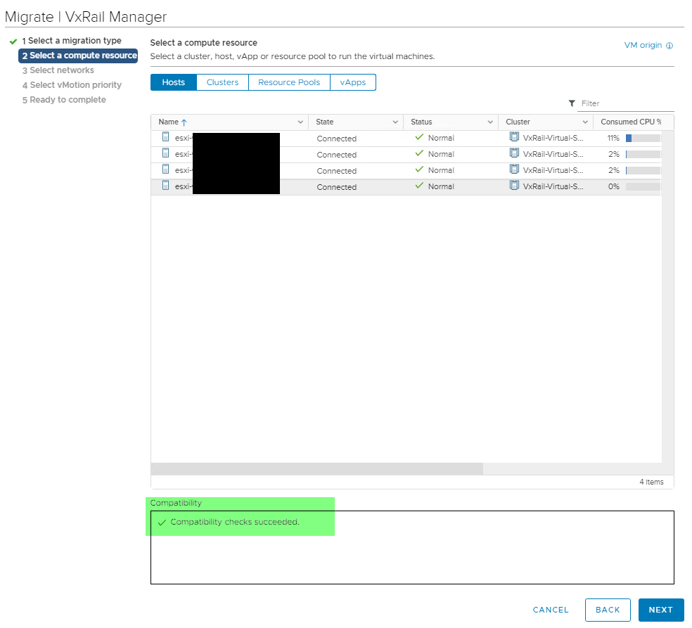 Screenshot of vMotion without warning