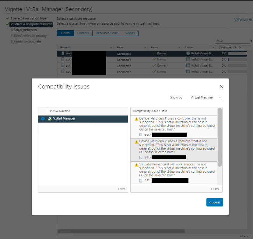 Screenshot of vMotion warning