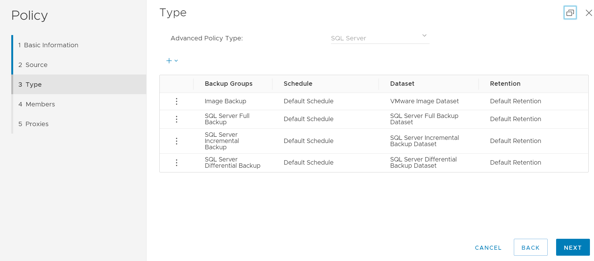Снимок экрана с политиками резервного копирования