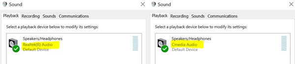 O Cmedia Audio está listado na guia Reprodução