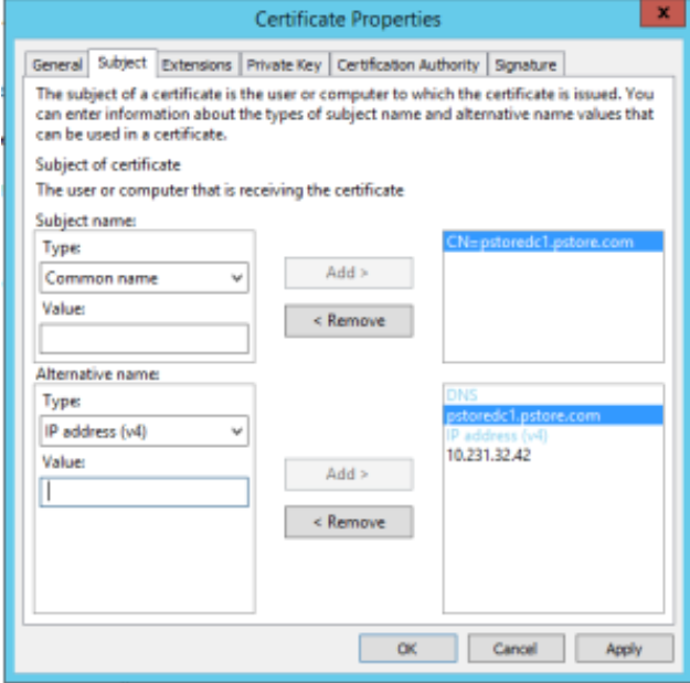 Esempio di proprietà del certificato