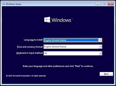 Abbildung&nbsp;7. Windows 10 Setup, Sprachauswahl.