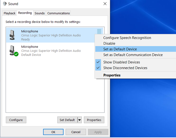 Configuración de sonido de Windows, pestaña Grabación