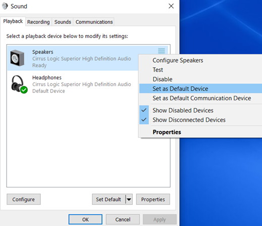 Paramètre de son Windows, onglet Enregistrement