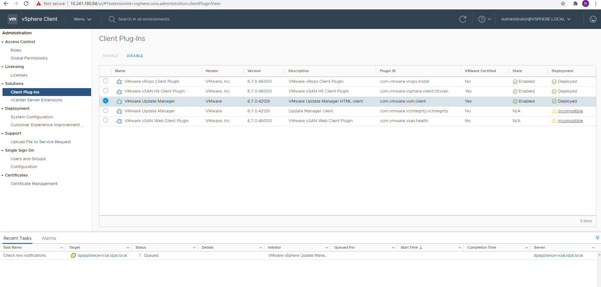 Wybierz pozycję VMware Update Manager z opisem klienta HTML programu VMware Update Manager.