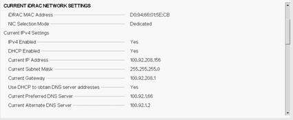 Configuración actual de red de iDRAC