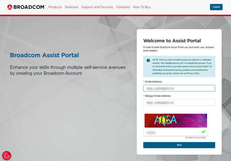 Skärmbild av Broadcom Assist-portalen