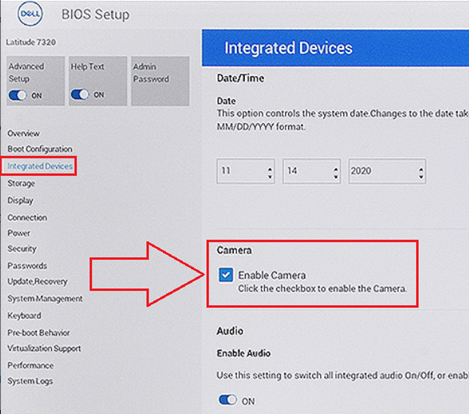 此图显示了 BIOS 中的“Integrated Devices”中的“Enable Camera”选项。