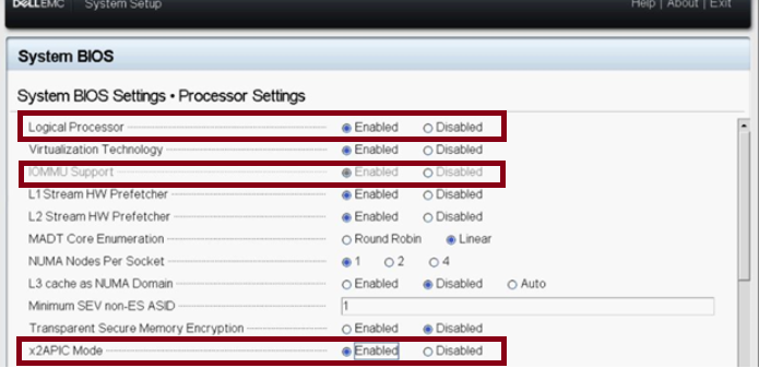 Dell BIOS Enable Logical Processor, IOMMU och x2APIC