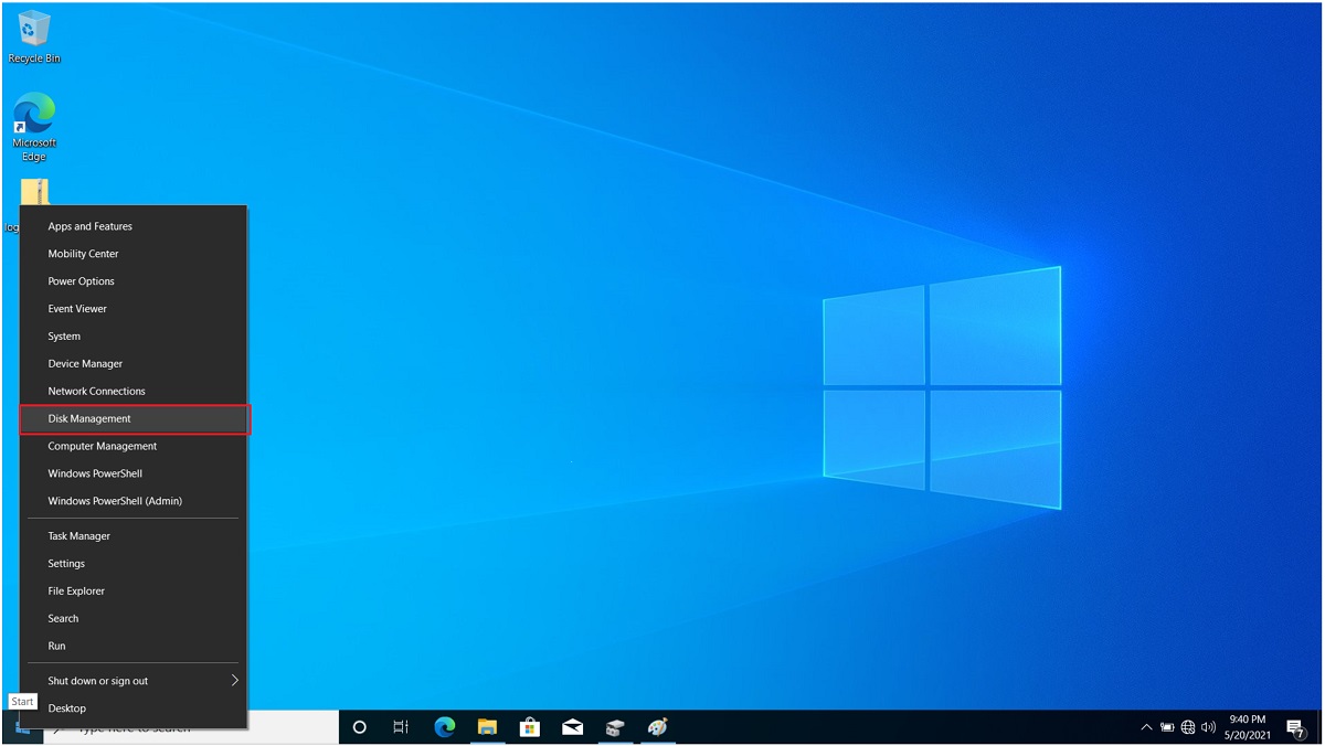 Start the Disk Management by right clicking the Windows Start