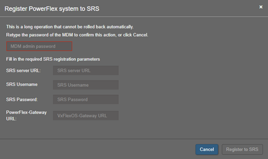 Register PowerFlex system to SRS 메뉴를 보여주는 PowerFlex UI