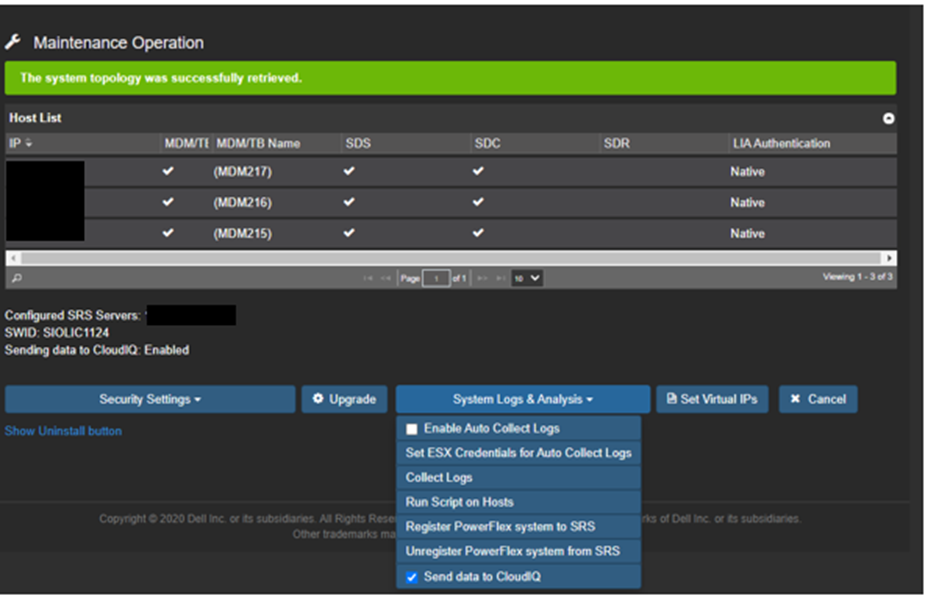 Maintenance operation 탭의 System logs 드롭다운을 보여주는 PowerFlex UI