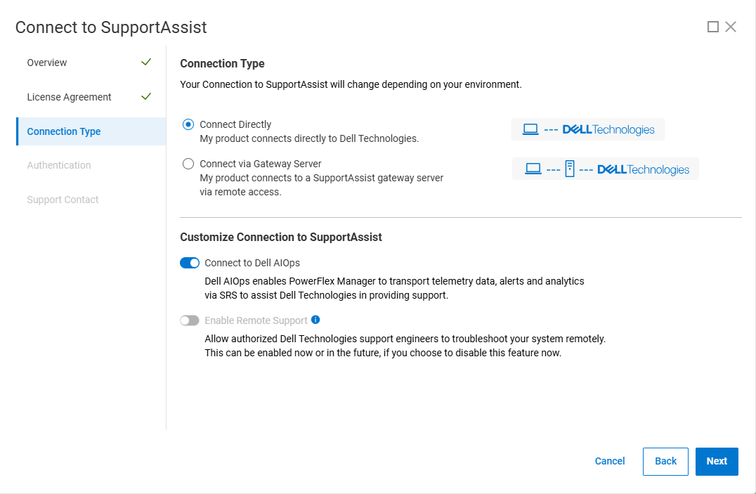 PowerFlex Manager UI Support Assist 연결 유형 탭