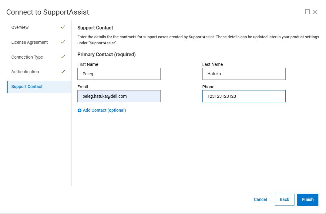지원 연락처가 선택된 PowerFlex Manager UI Support Assist 탭
