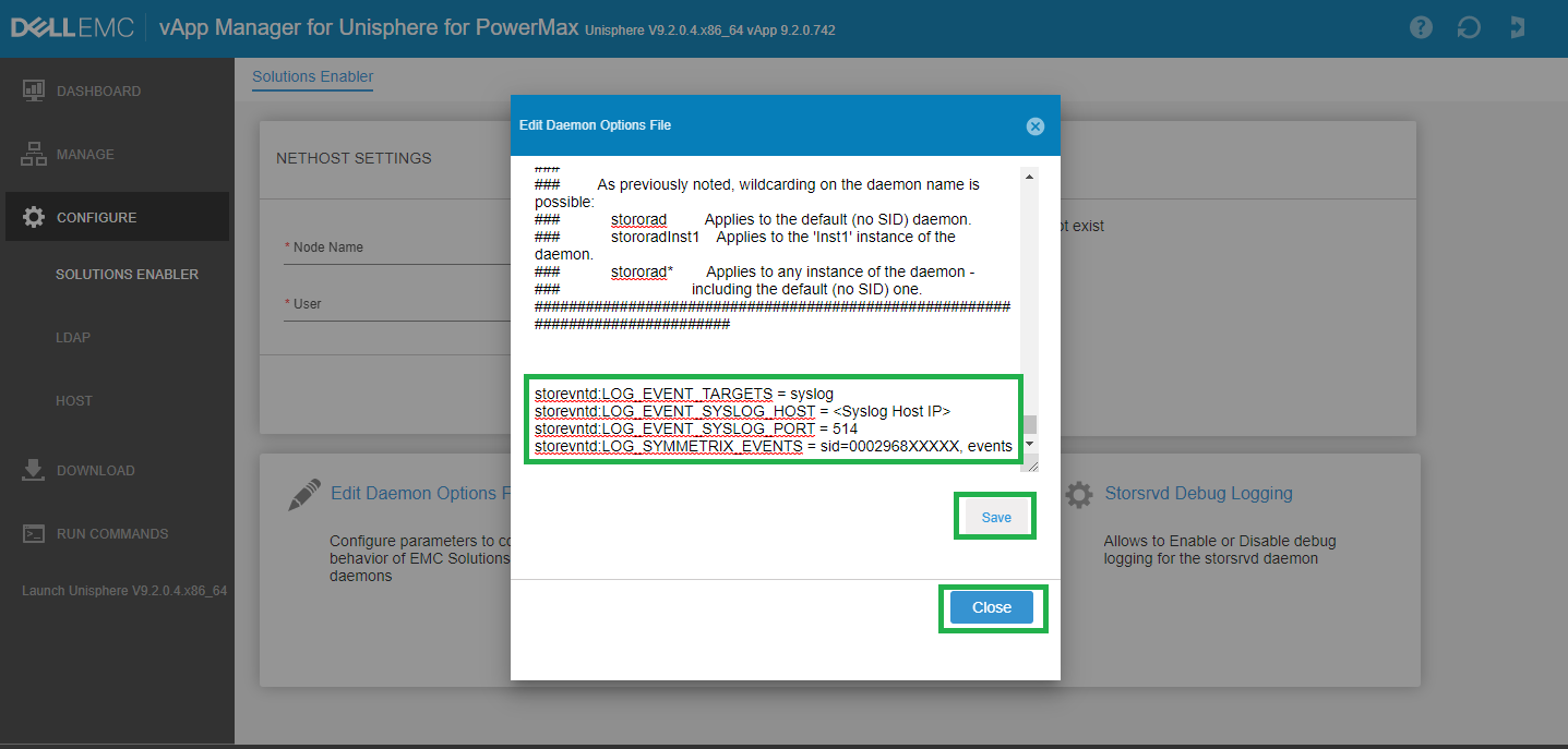 Example of daemon options settings
