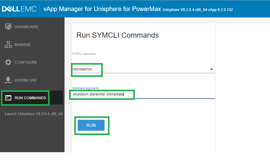Example showing the "stordaemon shutdown" command