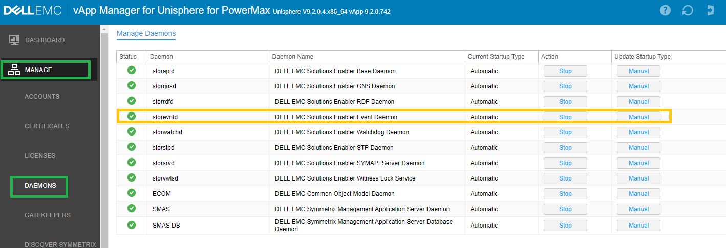 Example of the daemon status page