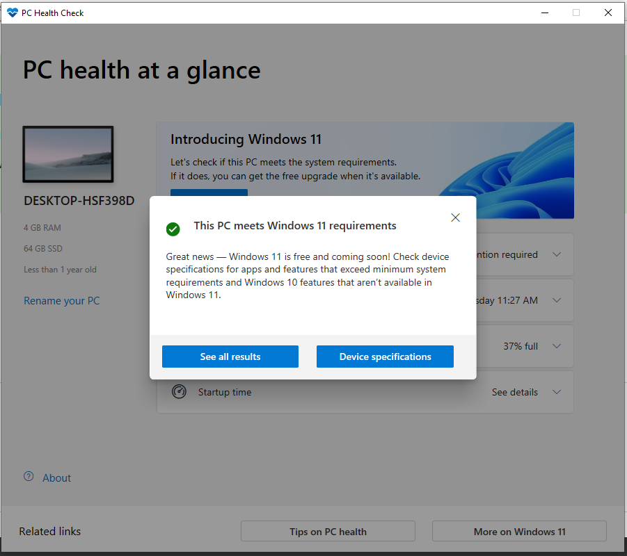 Počítač splňuje příklad požadavků na systém Windows 11