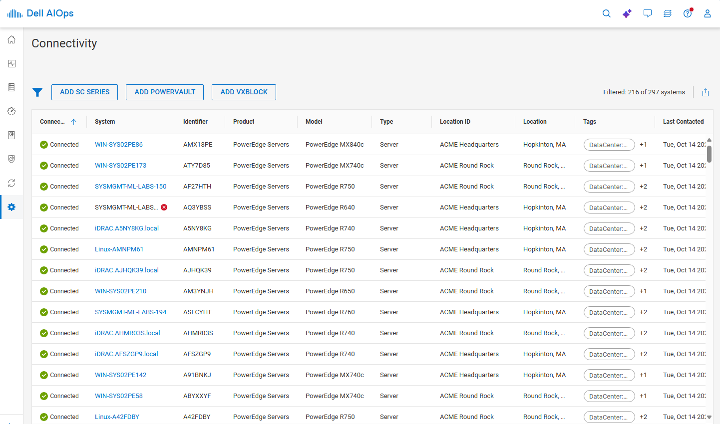 Страница подключения в Dell AIOps, на которой показаны серверы и корпусы PowerEdge