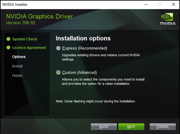Installationsalternativ för NVIDIA-grafikdrivrutiner