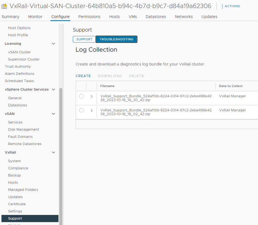 Interface utilisateur VxRail affichant l’onglet Support dans lequel vous pouvez voir la création du bundle de logs