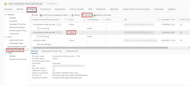 vSphere web UI showing storage providers