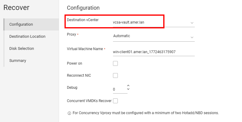 Sélection d’un autre vCenter cible