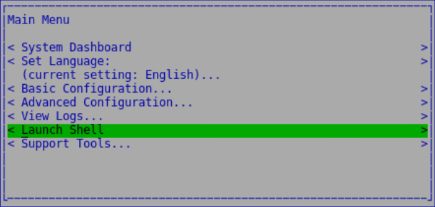Launch Shell이 선택된 Dell Security Management Server Virtual의 기본 메뉴를 보여주는 이미지입니다.