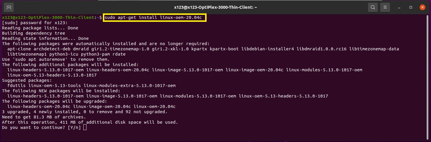 Korzystanie z polecenia sudo apt-get install linux-oem-20.04c
