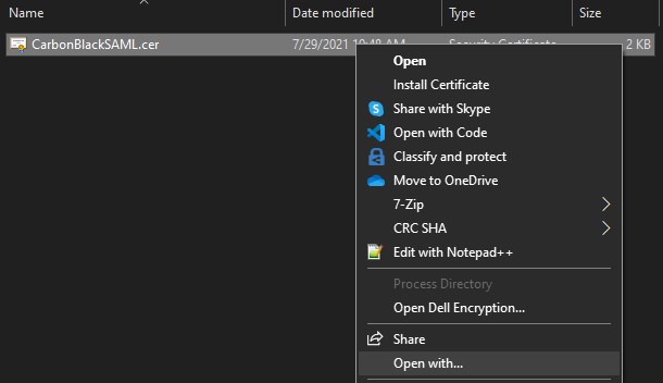 Cliquez avec le bouton droit de la souris sur le certificat de signature SAML.