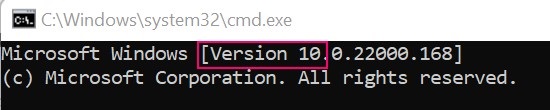 Команда ver идентифицирует себя как Windows 10
