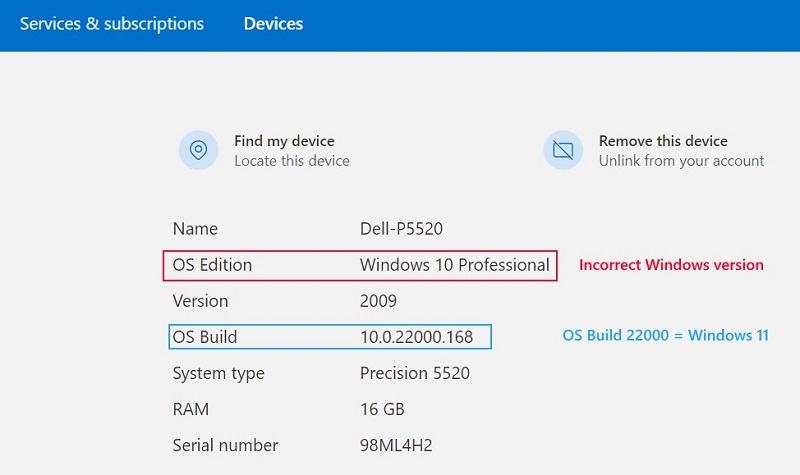 Aygıt özellik sayfası, İşletim Sistemi Sürümünü yanlış bir şekilde Windows 10 olarak tanımlar