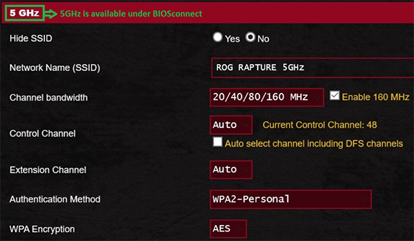 V nástroji BIOSConnect je k dispozici 5 GHz.