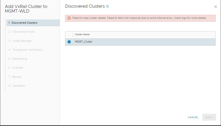 Captura de tela do erro ao tentar adicionar o cluster ao domínio de gerenciamento