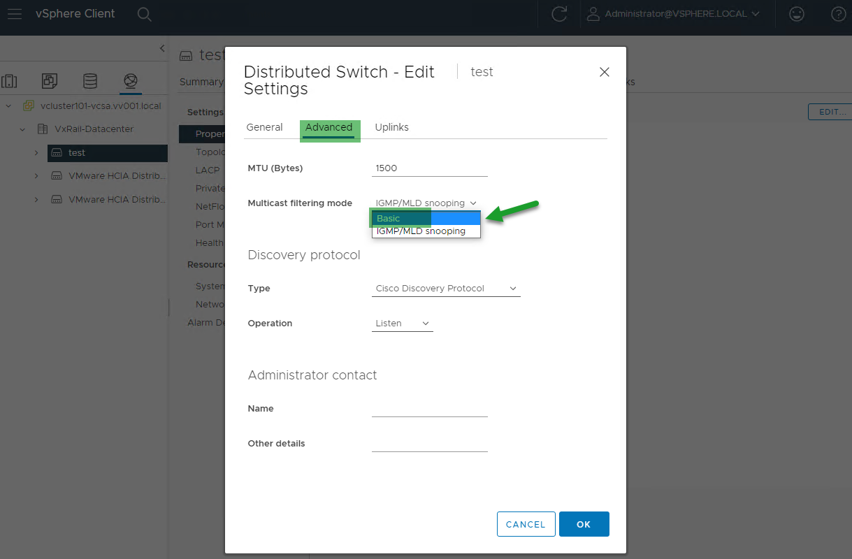 Screenshot showing the multicast filtering mode