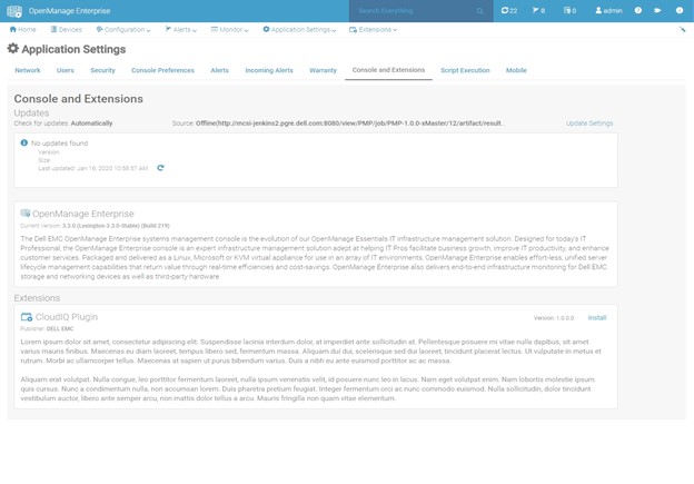 Dell OpenManage Enterprise CloudIQ 플러그인 설치 화면