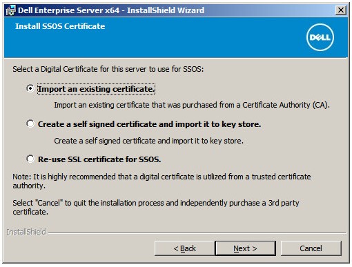 Opções de certificado do instalador