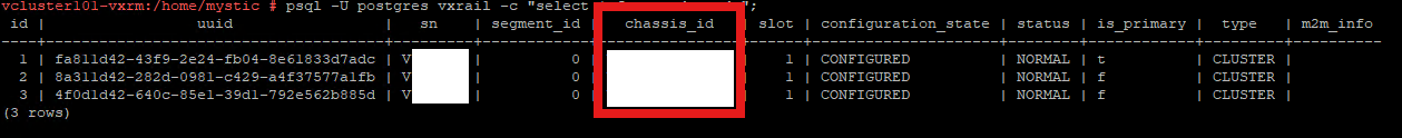 Screenshot dell'output di PSNT dal database di VxRail Manager