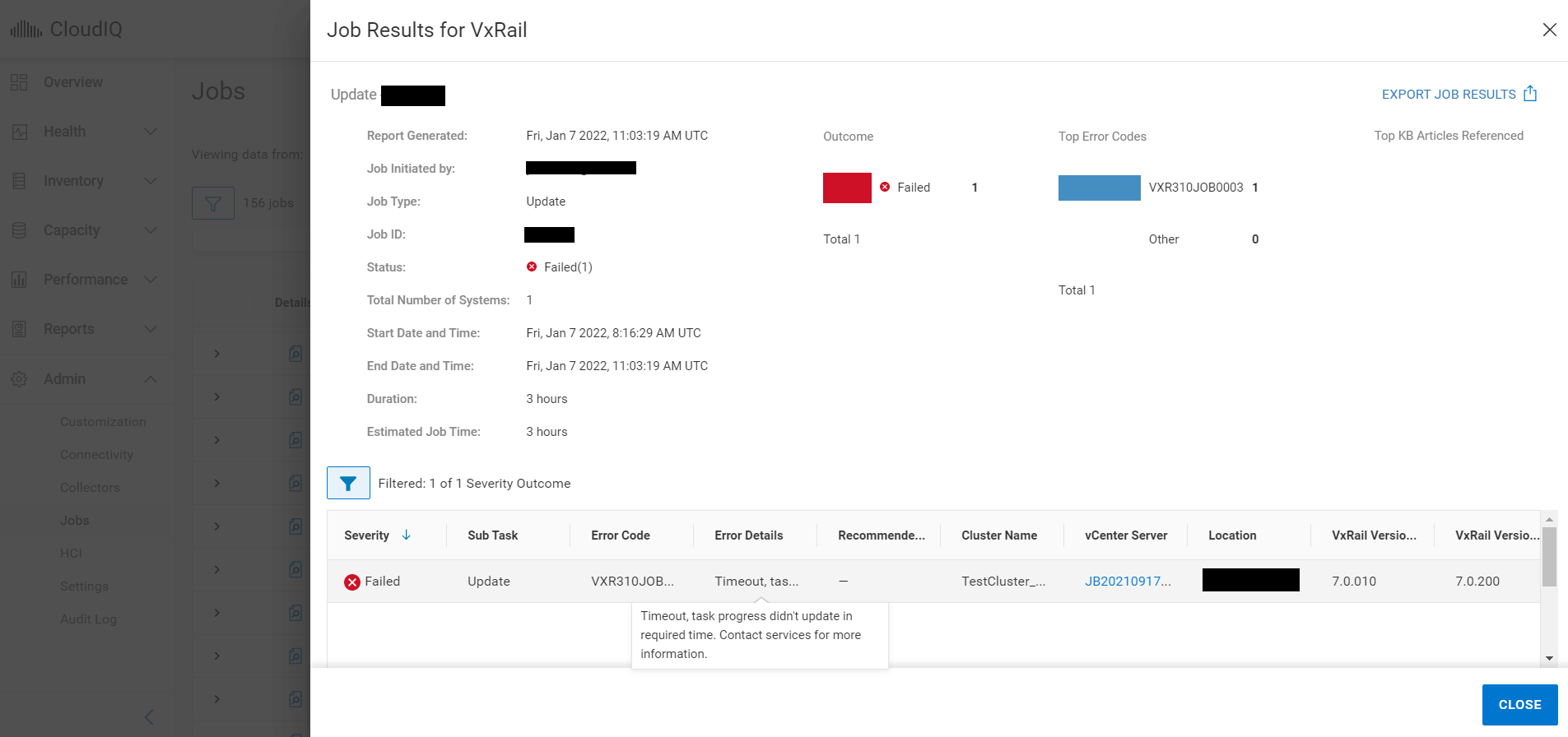 Capture d’écran de l’erreur de mise à niveau dans CloudIQ