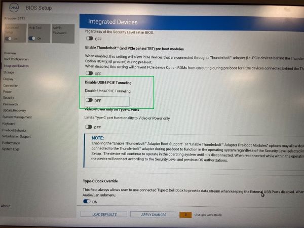 Désactivation du tunneling PCIE USB4