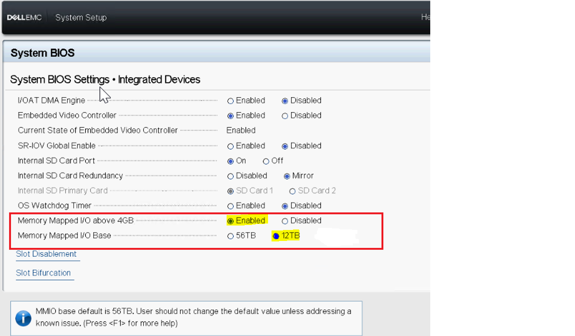 Mapeamento de memória nos dispositivos integrados nas configurações do BIOS do sistema